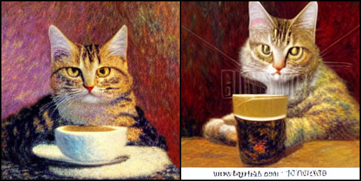 a photo of a cat trying to drink a mug of coffee in Monet style